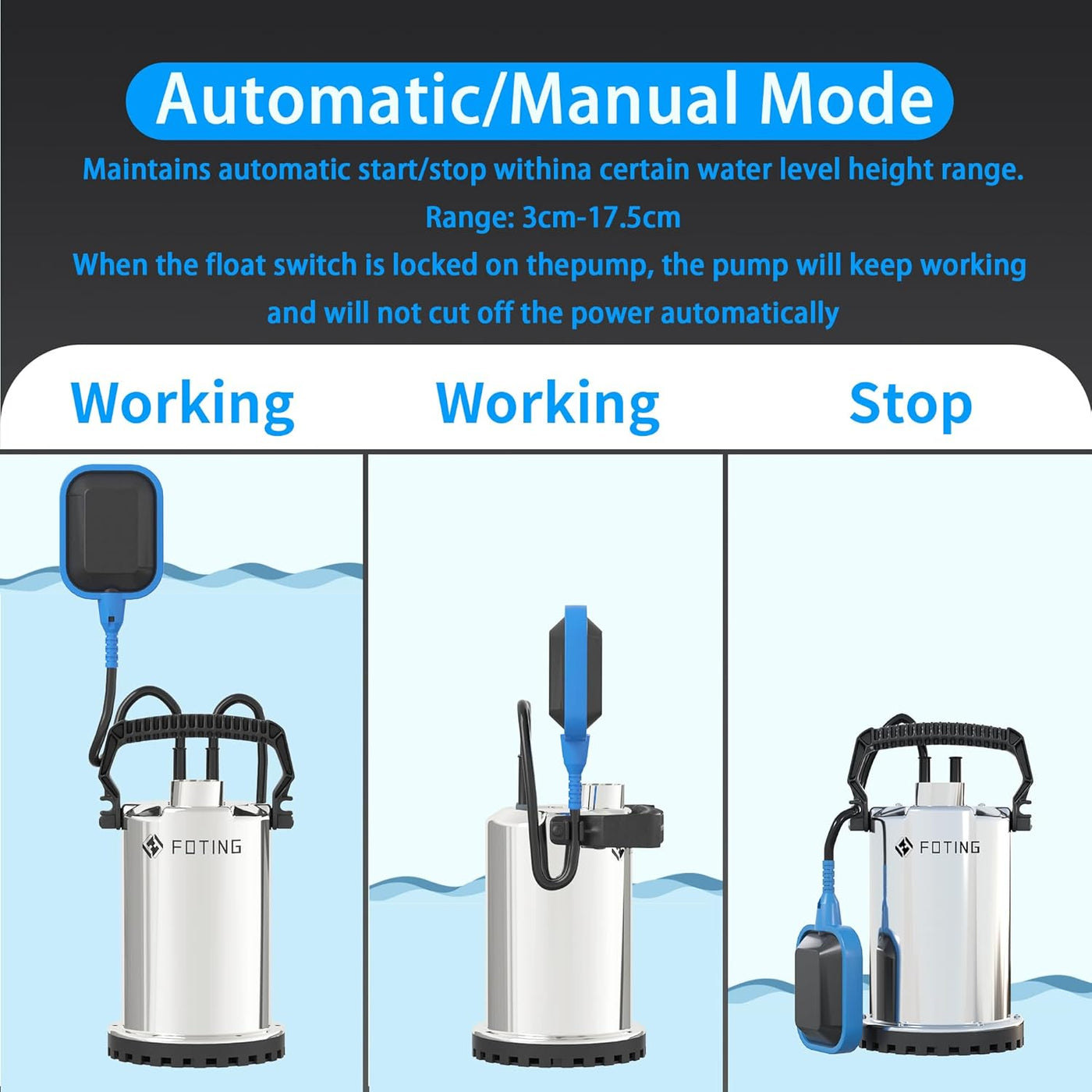 Submersible Water Pump 400W 8250L/H Stainless Steel Float Switch FOTING