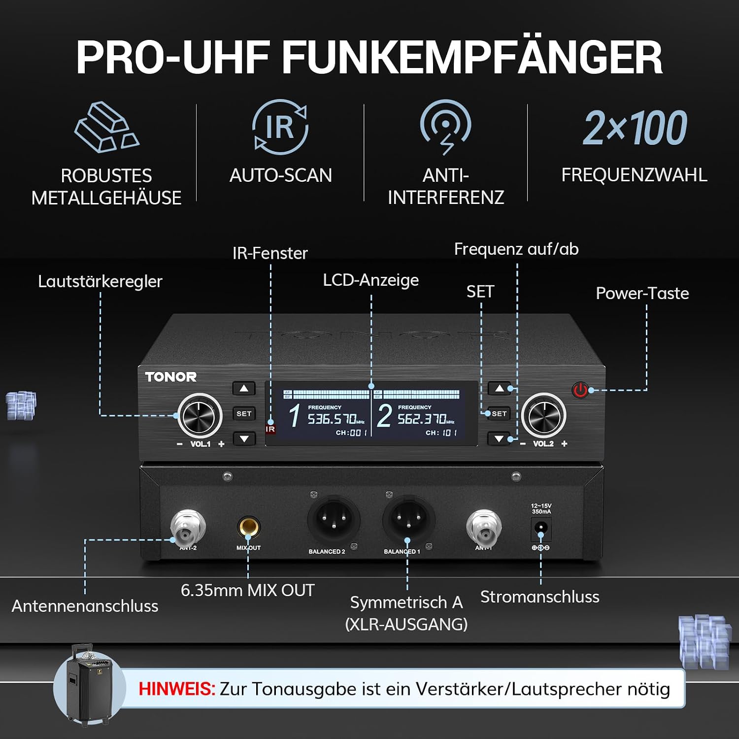 Wireless Microphone Set UHF Rechargeable 100m Auto Scan Dual TONOR Mics