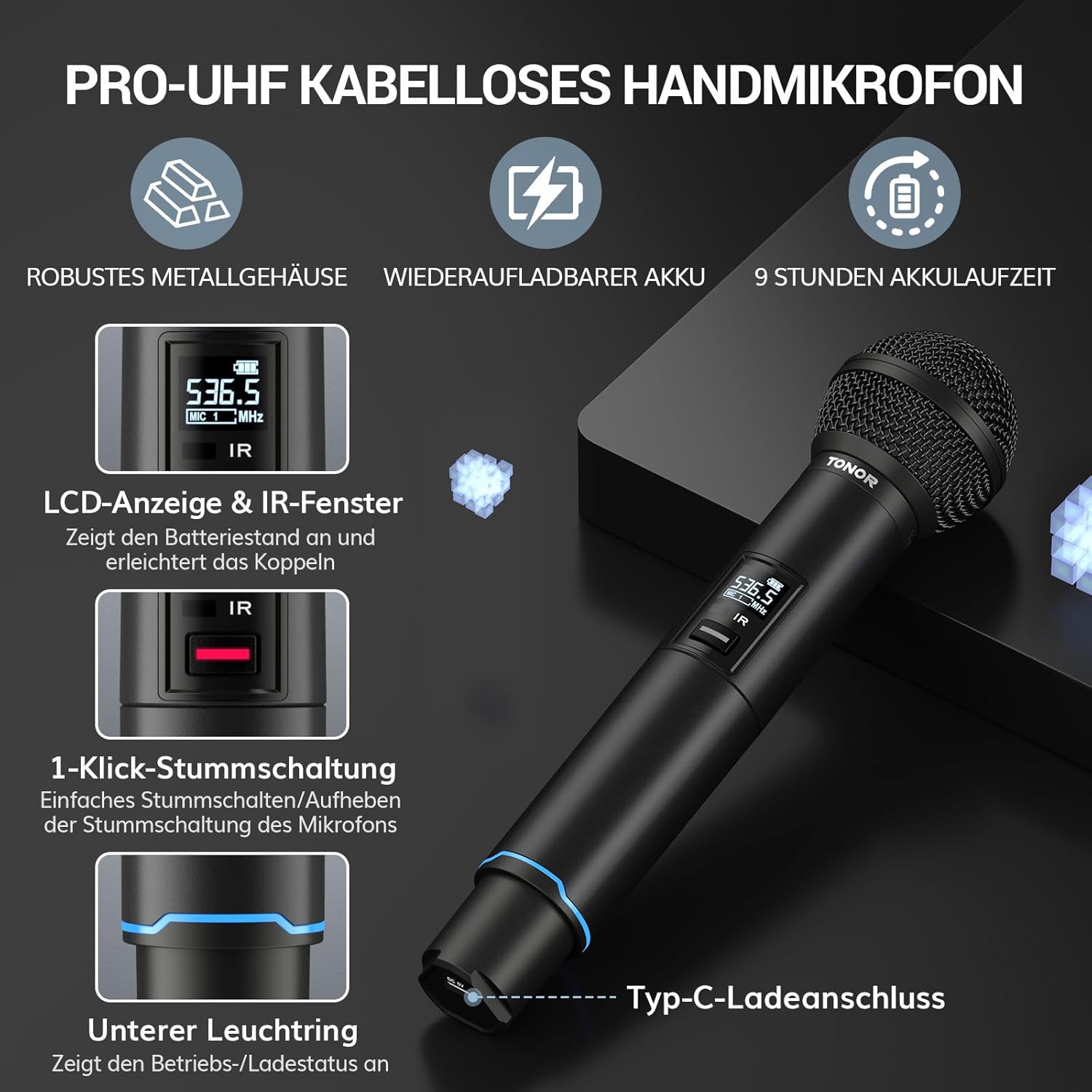 Wireless Microphone Set UHF Rechargeable 100m Auto Scan Dual TONOR Mics