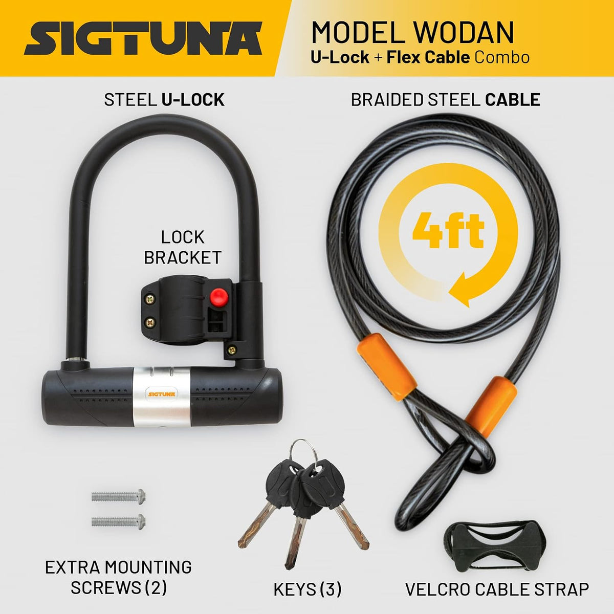 Bike U Lock 16mm Heavy Duty 1.2m Steel Cable 3 Keys Orange SIGTUNA Bicycle Lock