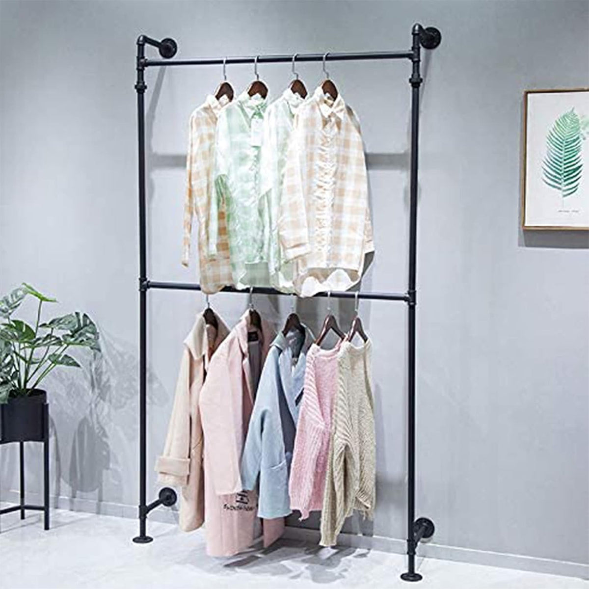 Industrial Garment Rack 2 Tier Wall Mounted Clothes Rail Pipe Shelf Black Storage