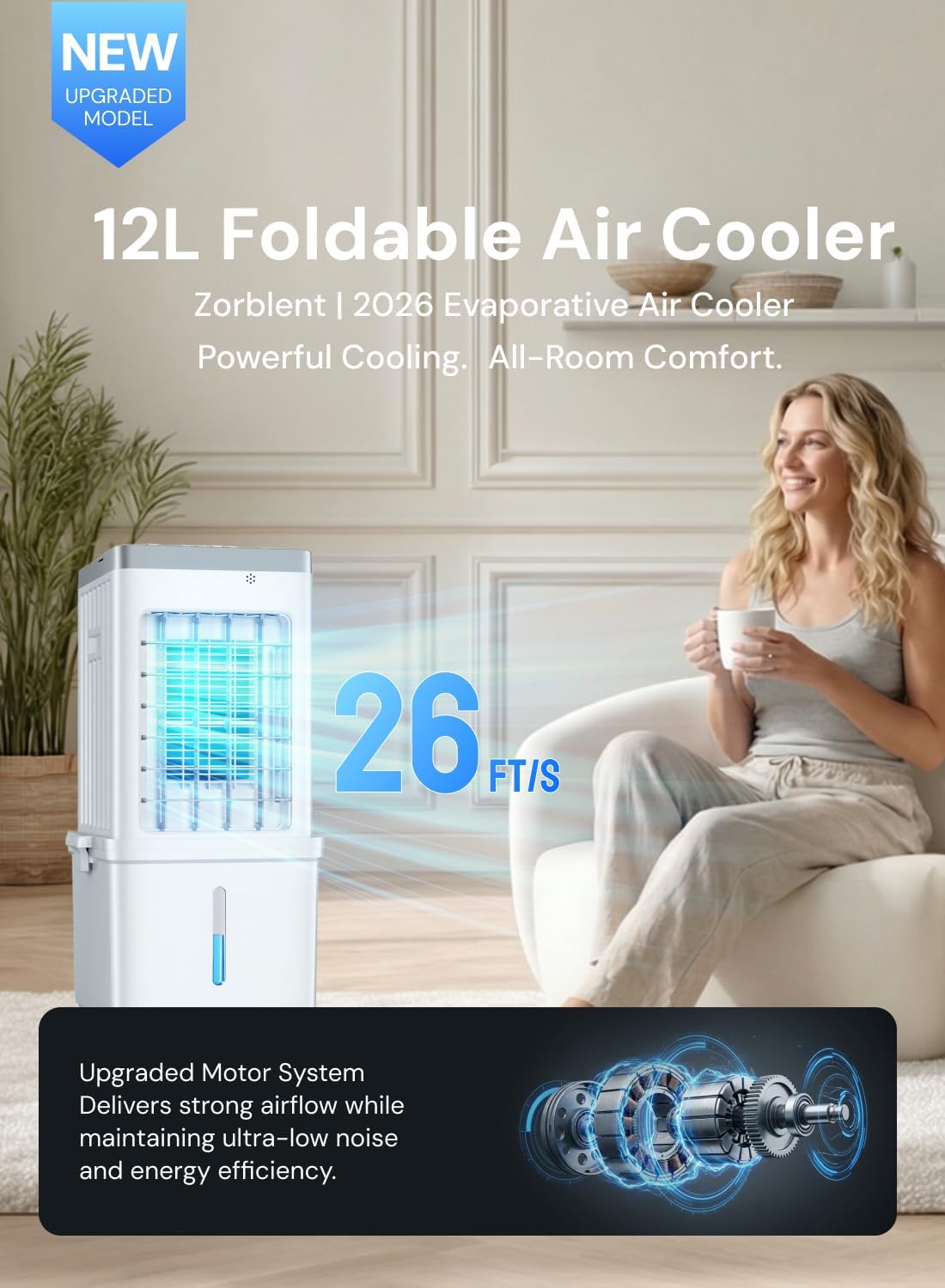 Portable Air Cooler 12L 3 in 1 70W 3 Speed 60° Oscillation Quiet Cooling Fan