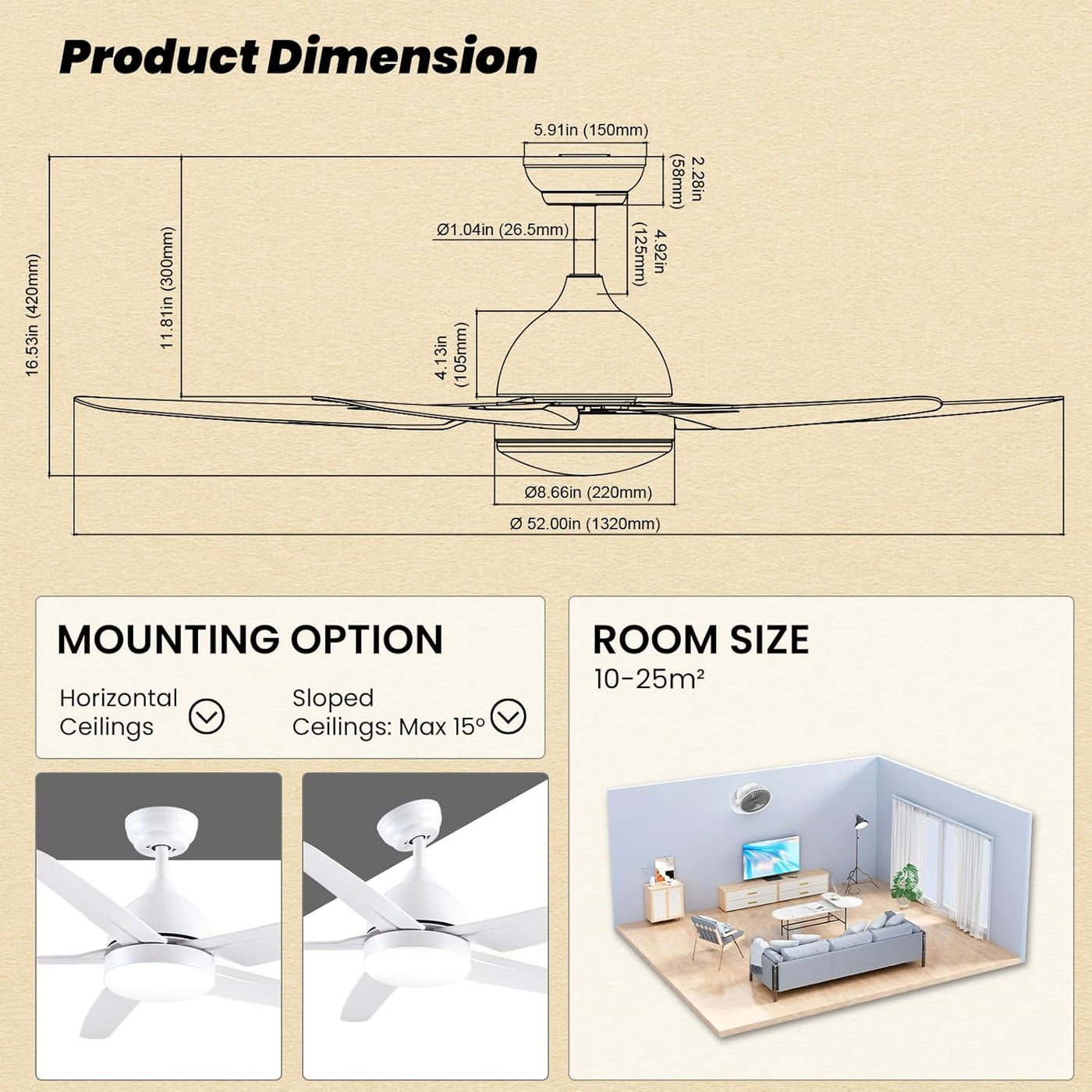 51 Inch Ceiling Fan With Light Remote White 5 Blade LED CJOY