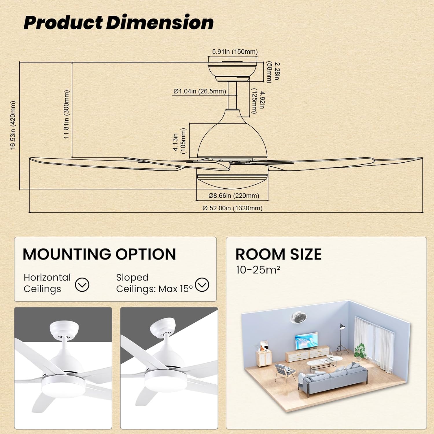 51 Inch Ceiling Fan With Light Remote White 5 Blade LED CJOY