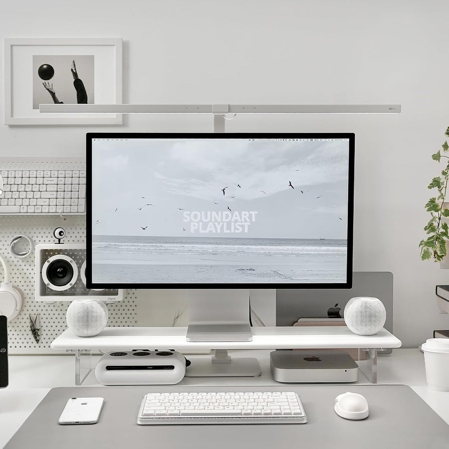 Bamboo Monitor Stand 80cm Desk Riser Acrylic Legs Laptop Printer TV Shelf White