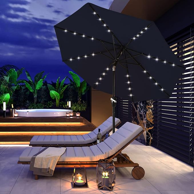 Solar Patio Umbrella LED Lights Tilt Crank Garden Deck Pool Parasol ABCCANOPY