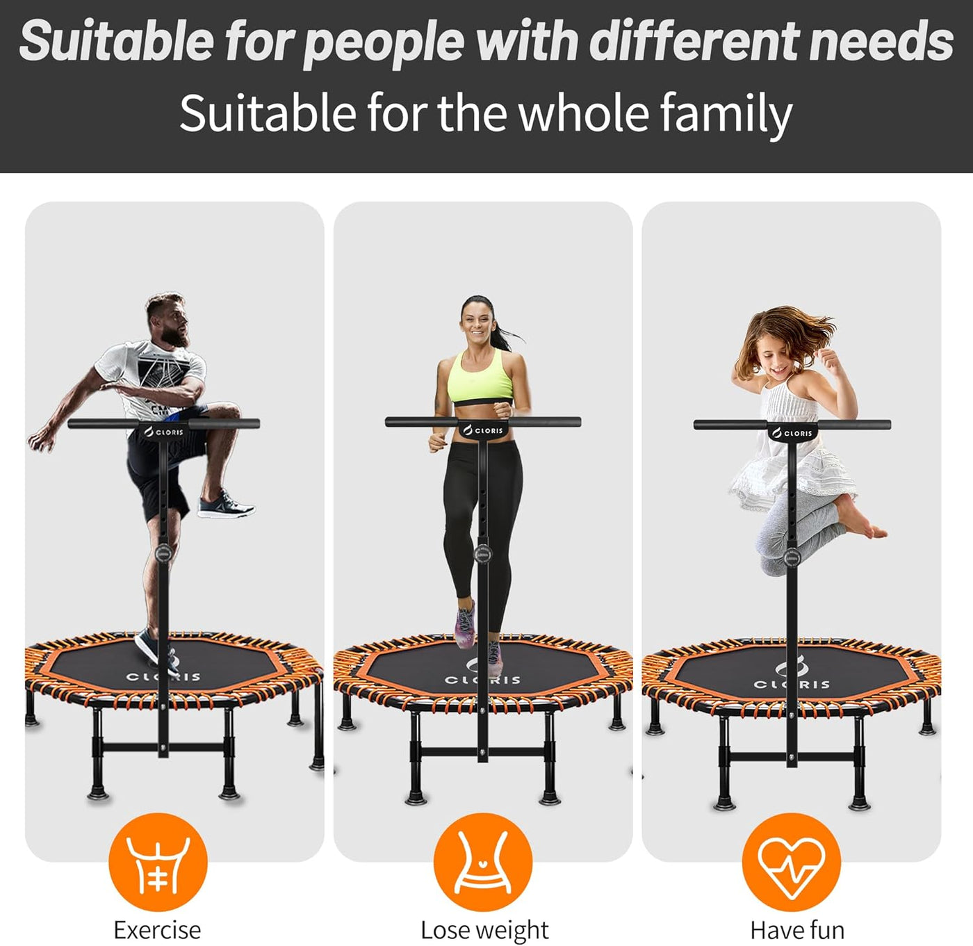 CLORIS Foldable Fitness Trampoline 48'' Rebounder w/ Adjustable Handle, 450lbs