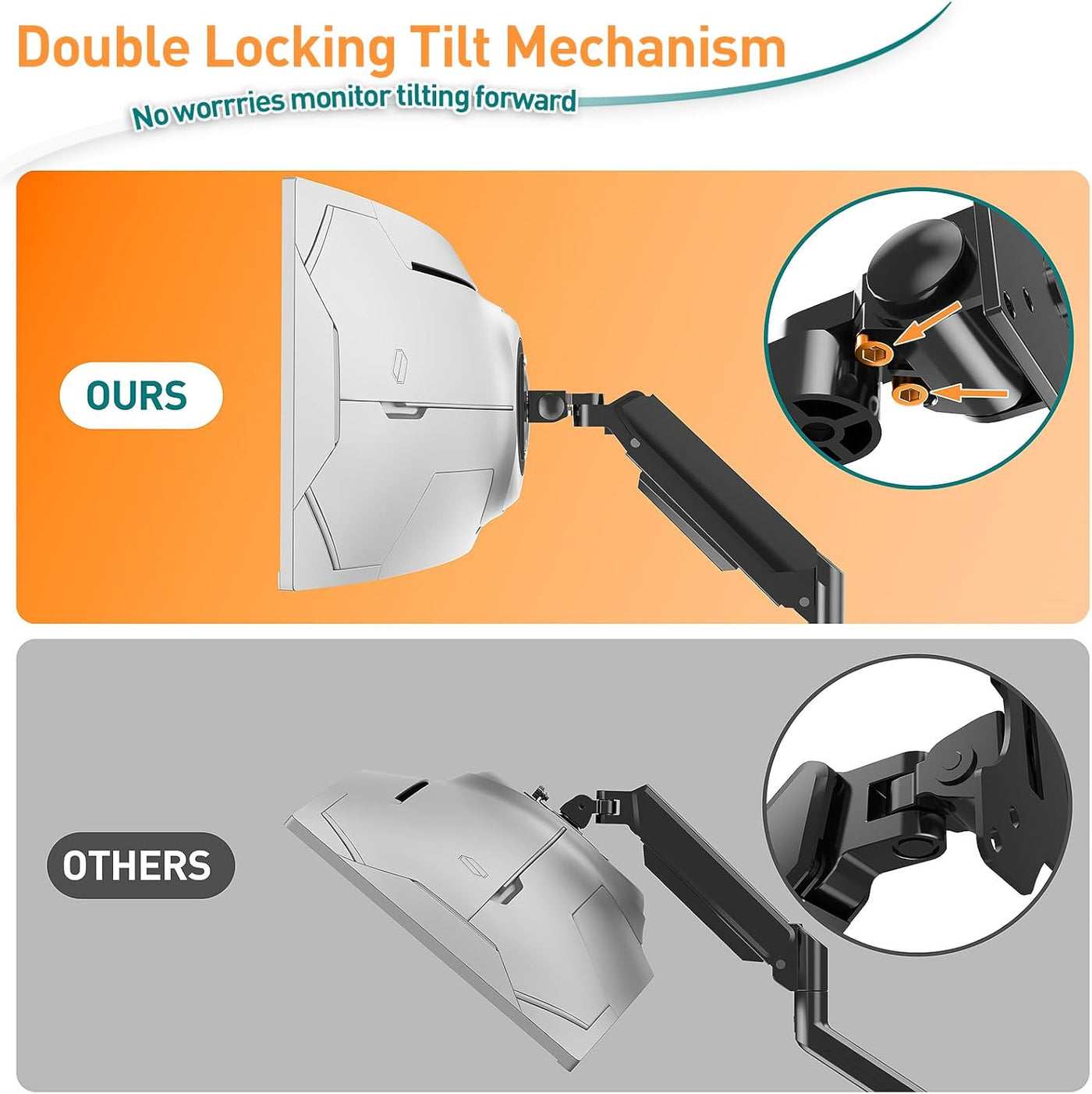 Comparison of double locking tilt mechanism on monitor stand with 'OURS' and 'OTHERS' labels.