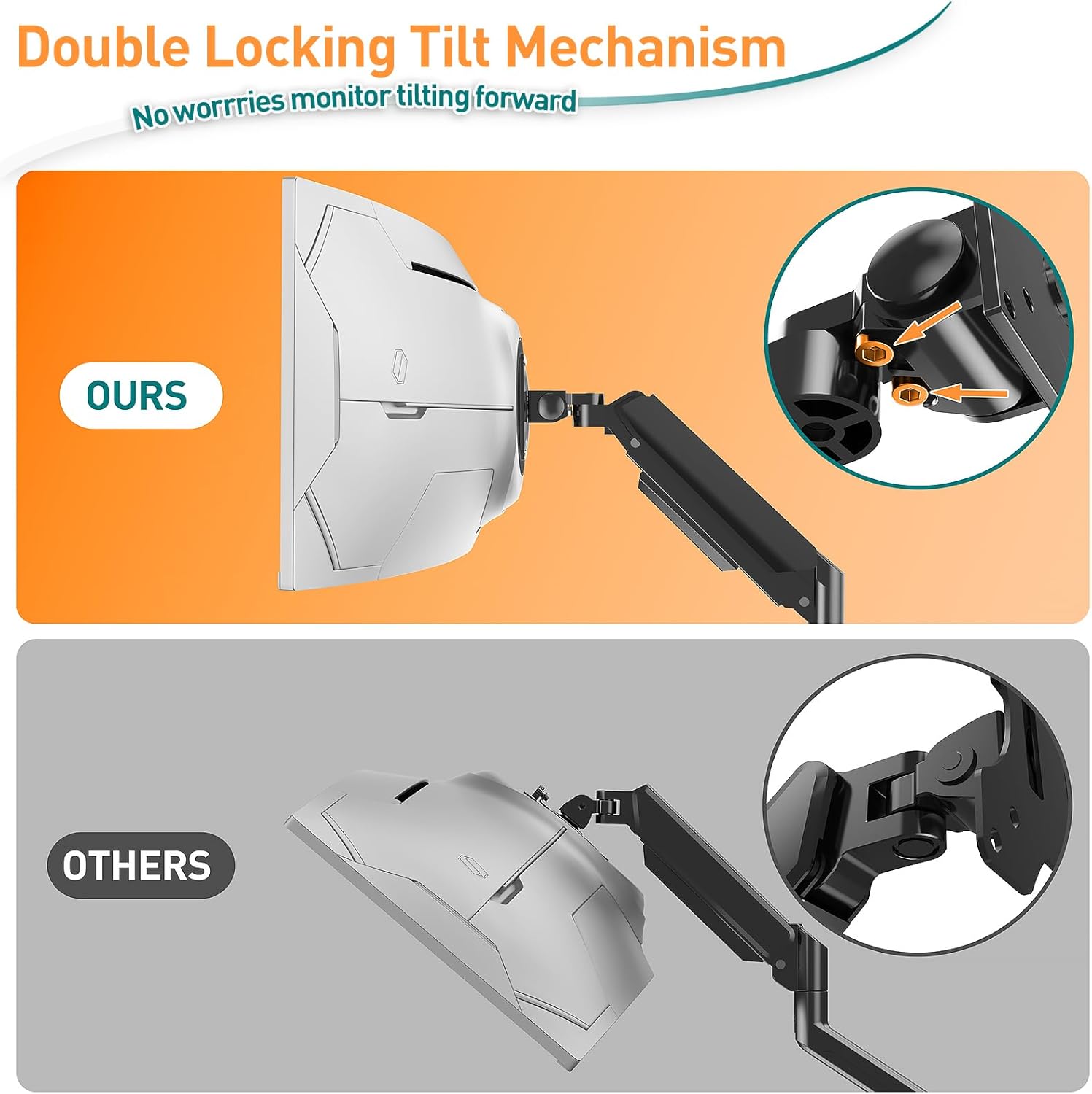 Comparison of double locking tilt mechanism on monitor stand with 'OURS' and 'OTHERS' labels.