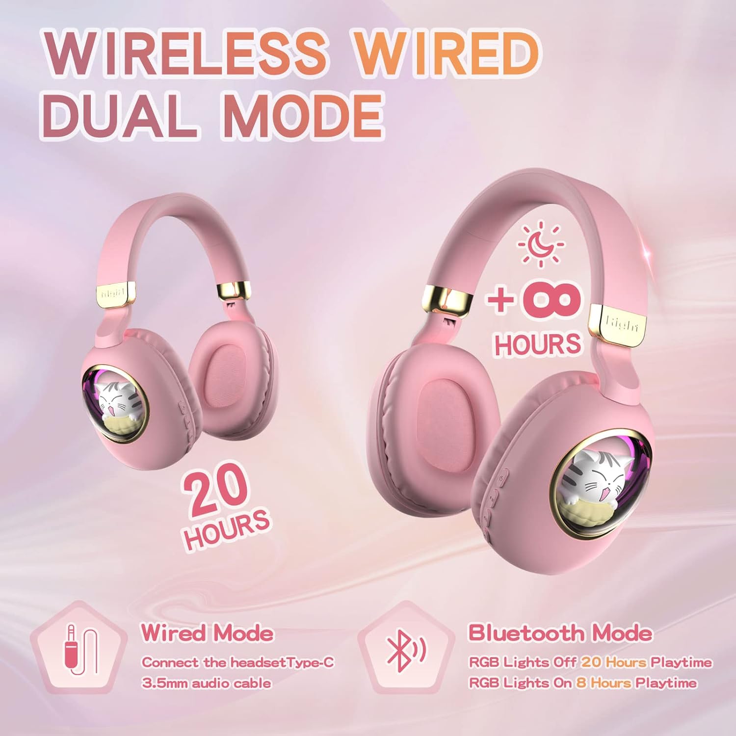Pink headphones with wireless and wired mode features on a gradient background