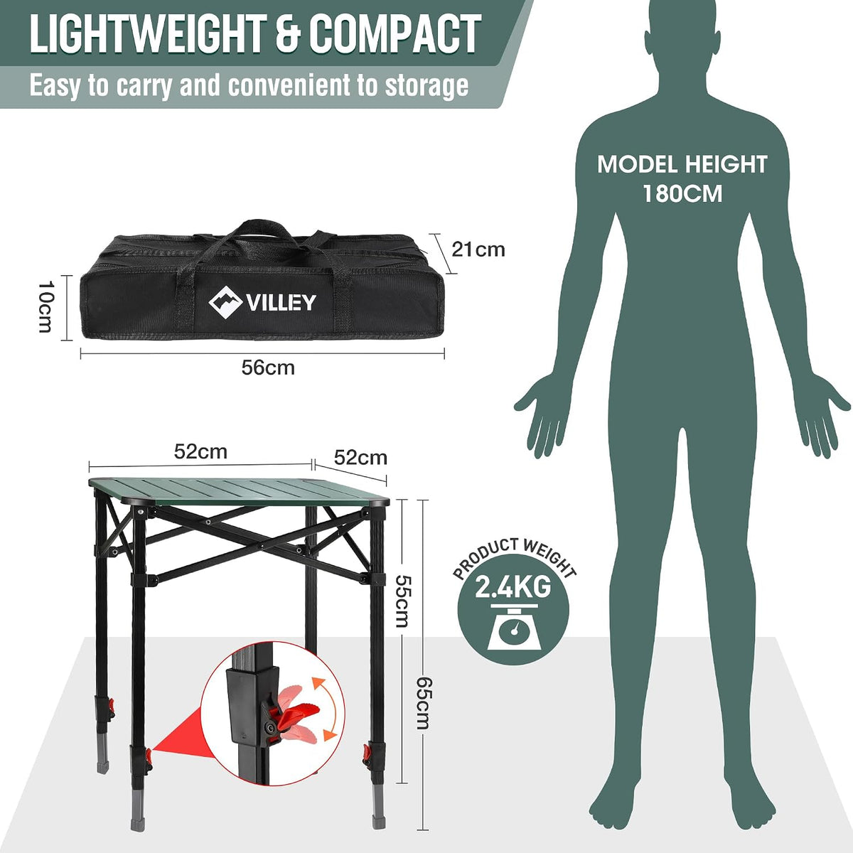 Folding Camping Table Medium Lightweight Aluminium Portable VILLEY Outdoor Table