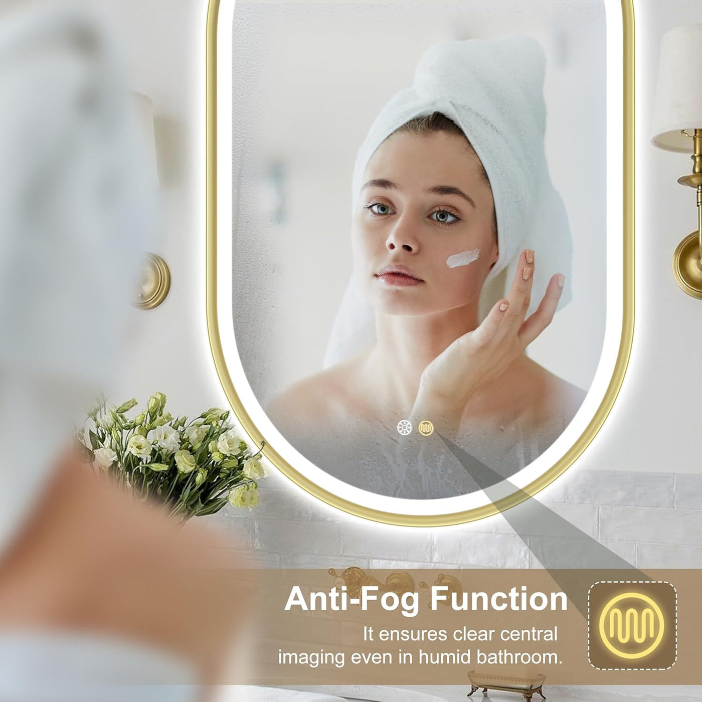 Woman applying cream in front of a mirror with anti-fog function text