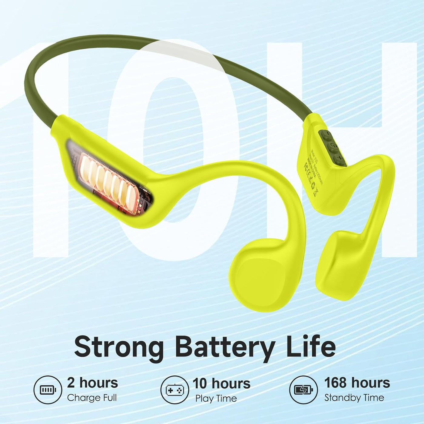Green wireless earbuds with charging case on a light blue background, featuring battery life text.