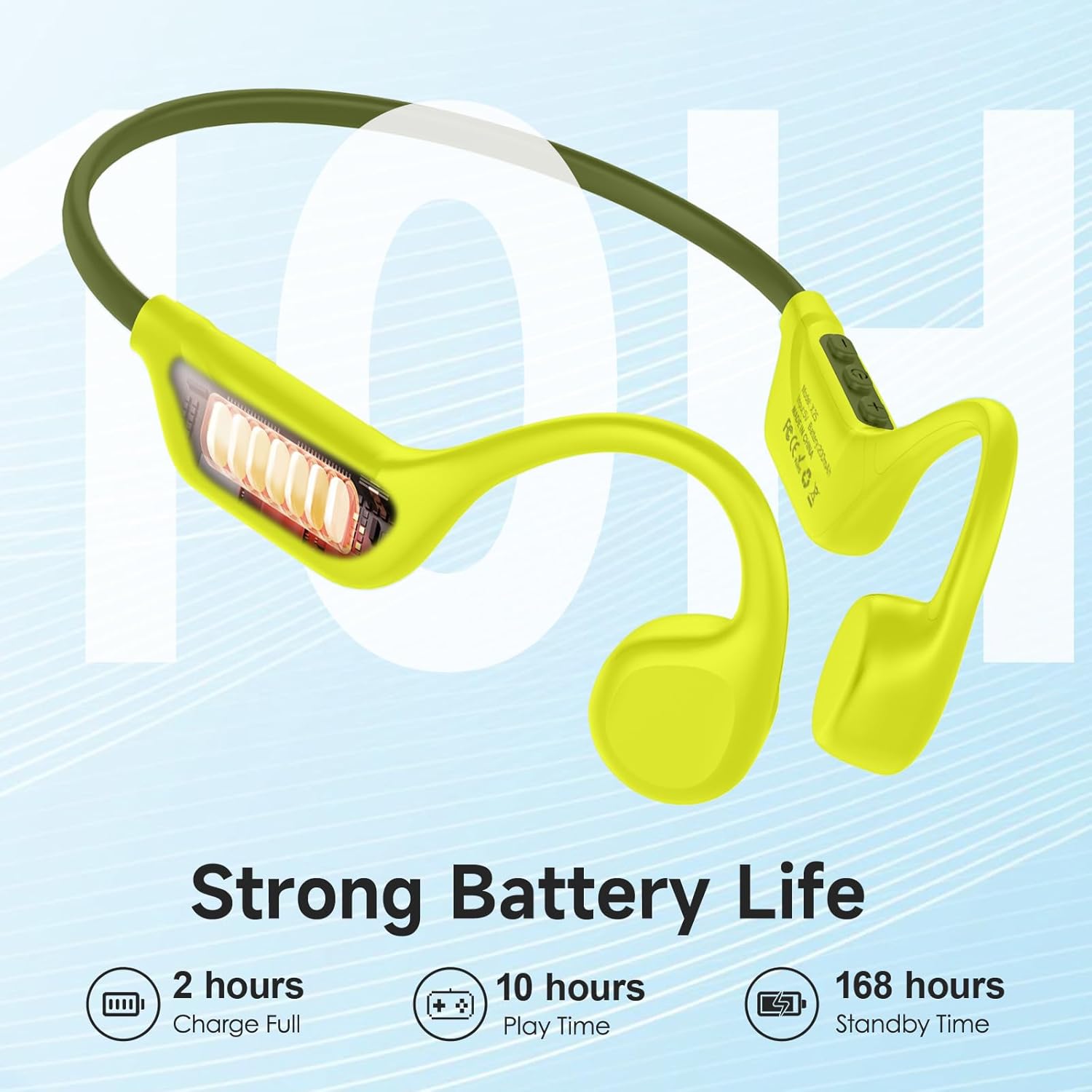 Green wireless earbuds with charging case on a light blue background, featuring battery life text.