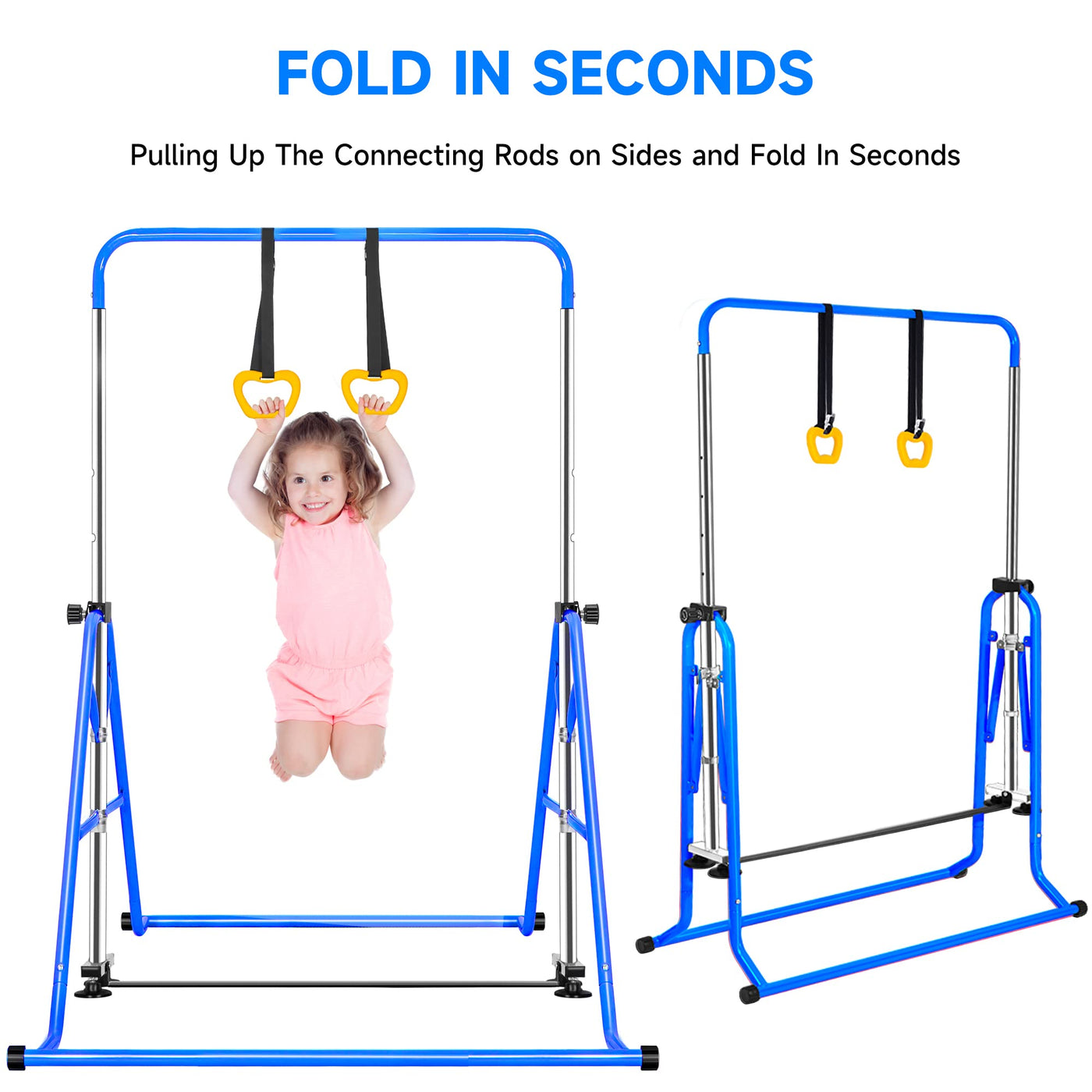 Kids Gymnastics Horizontal Bar Adjustable Foldable With Rings Indoor Outdoor