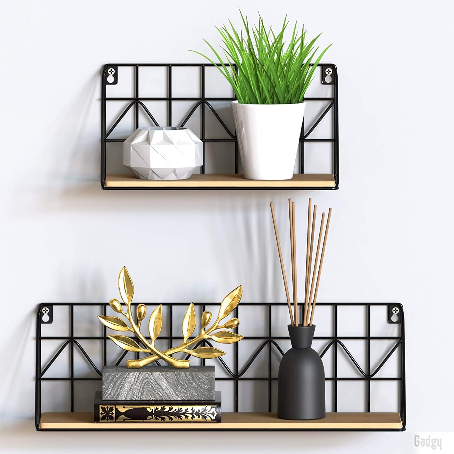 Gadgy Floating Wall Shelves Set, 2-Piece Wooden & Black Metal, Rustic Decor - Massive Discounts