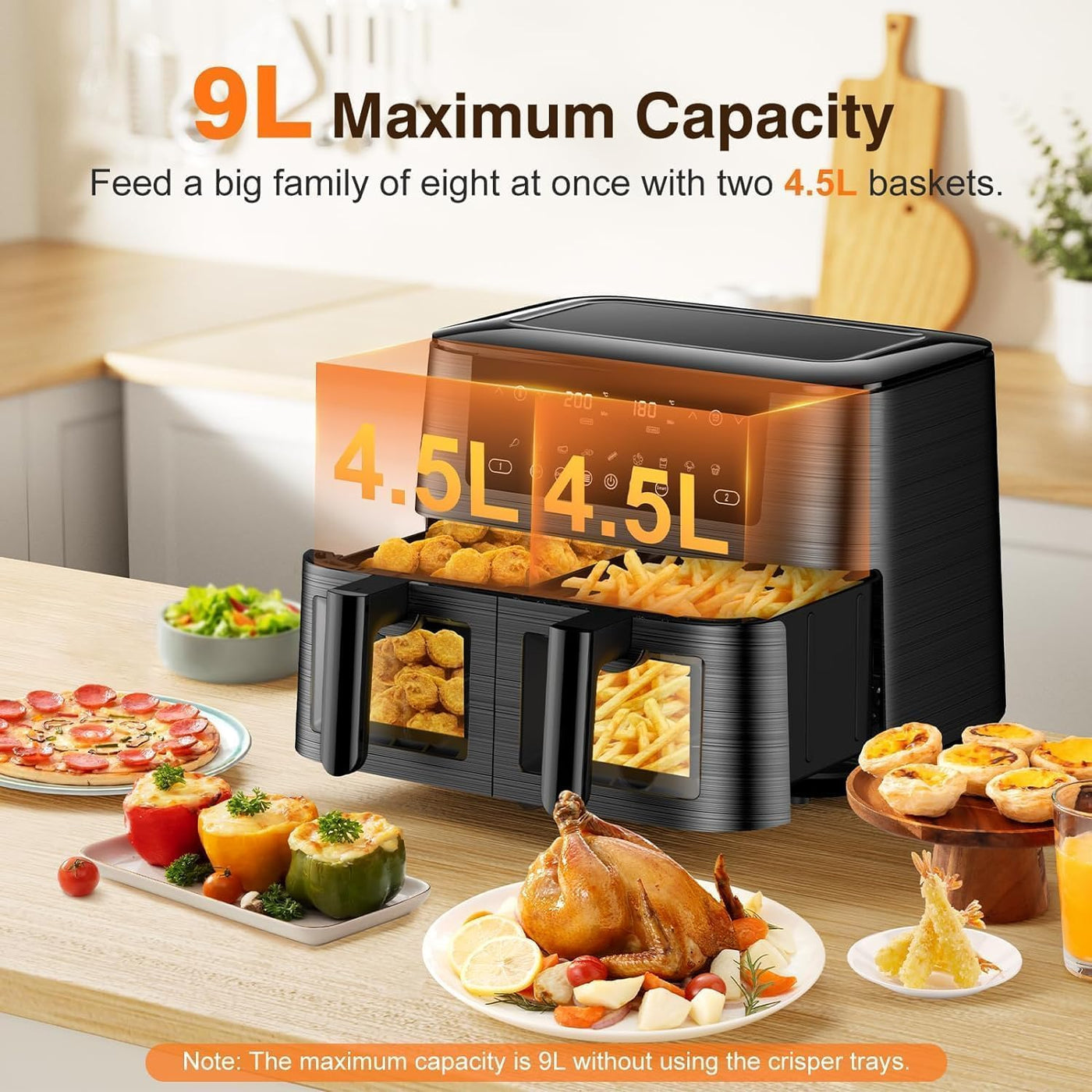 Dual Air Fryer 9L XL, 2 Drawers, 9-In-1 Presets, Touch Screen, Smart Finish