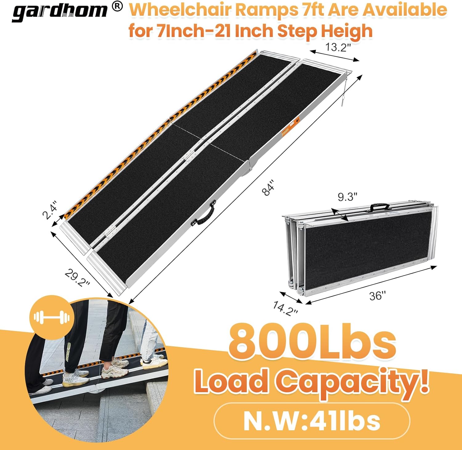 Gardhom 7FT Wheelchair Ramps, Folding Portable for Scooters, 362kg Capacity