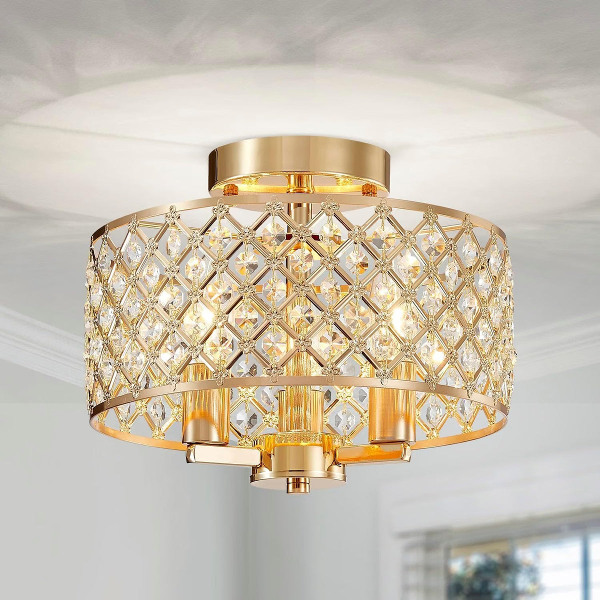 Crystal Ceiling Light 3 Light Gold Semi Flush Modern Chandelier Saint Mossi Home