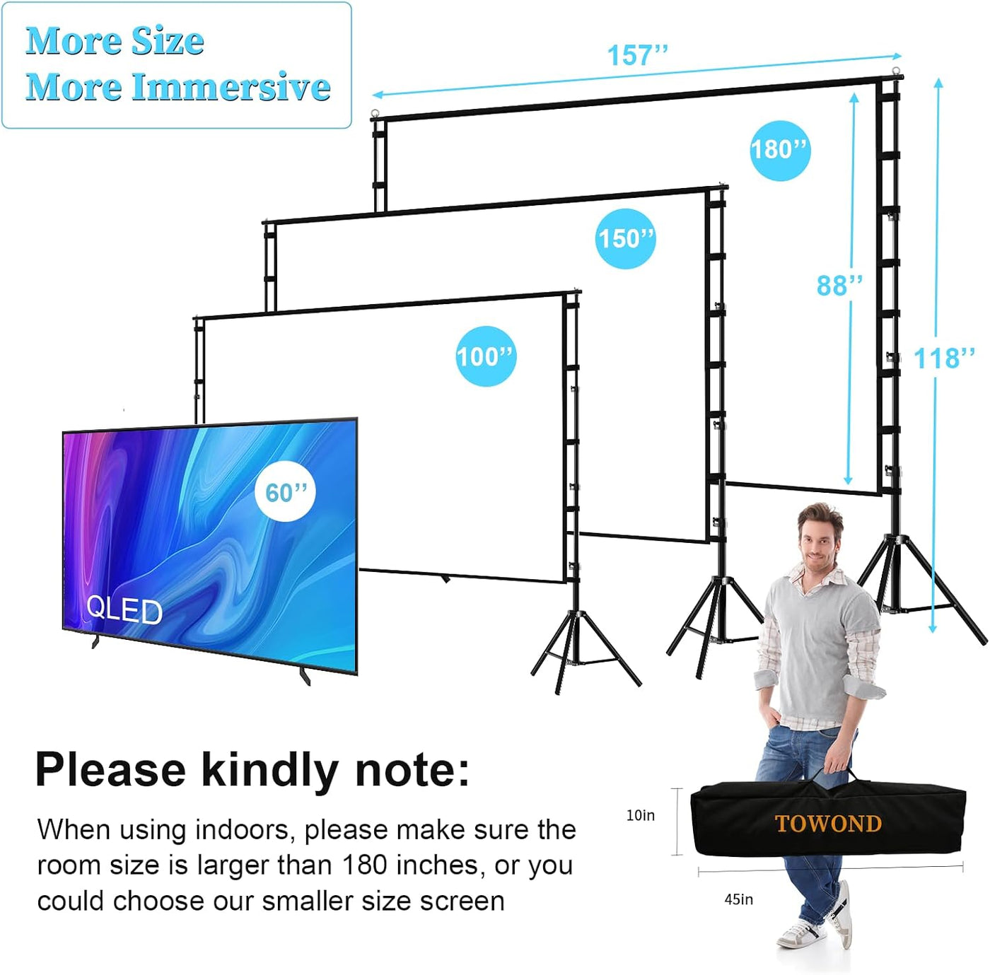 Projector Screen 180 Inch Large Projection Screen Stand Home Cinema TOWOND