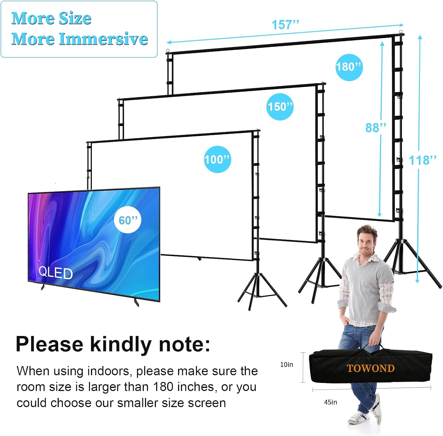 Projector Screen 180 Inch Large Projection Screen Stand Home Cinema TOWOND
