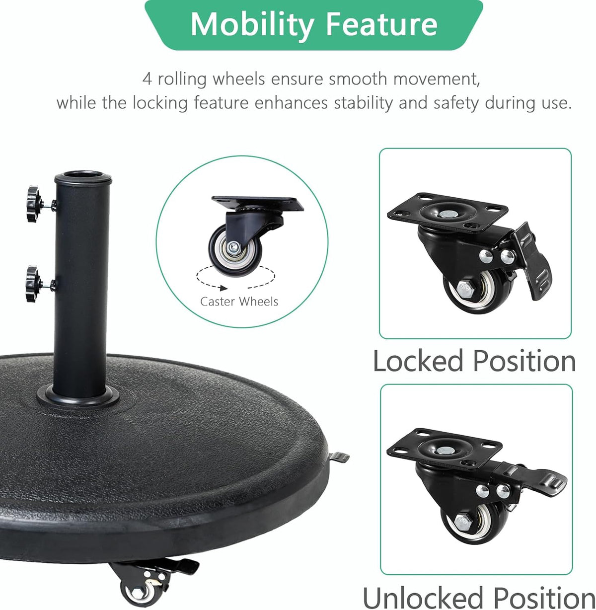 Parasol Base 20kg Heavy Duty Round Resin Umbrella Stand Wheels Helios&Hestia