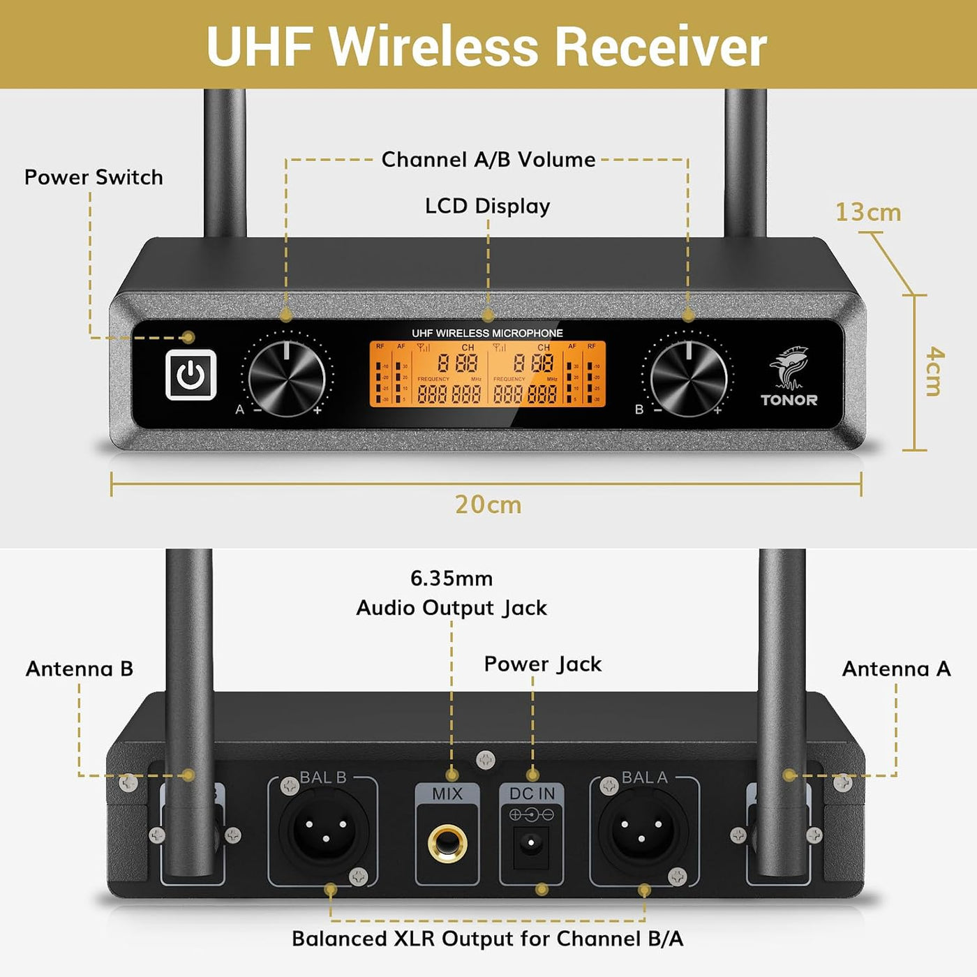 Wireless Microphone System UHF Headset Lavalier 60m 10 Channel TONOR