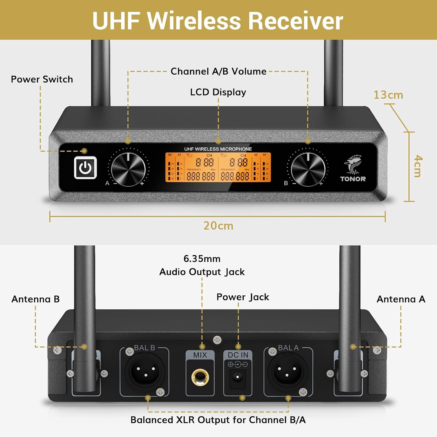 Wireless Microphone System UHF Headset Lavalier 60m 10 Channel TONOR