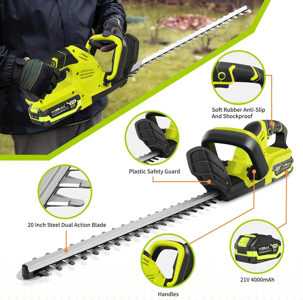 Cordless Hedge Trimmer 50cm Brushless 2x4.0Ah Batteries Garden Cutter VOERJIA