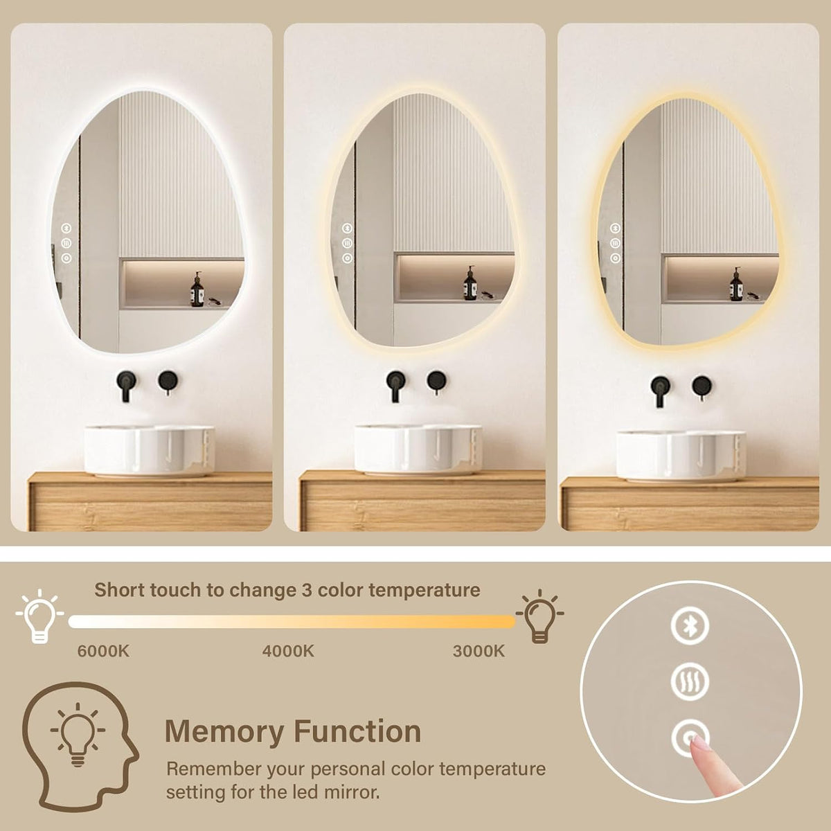 LED Bathroom Mirror 50x68cm Asymmetrical Dimmable Anti Fog Smart Vanity Wall