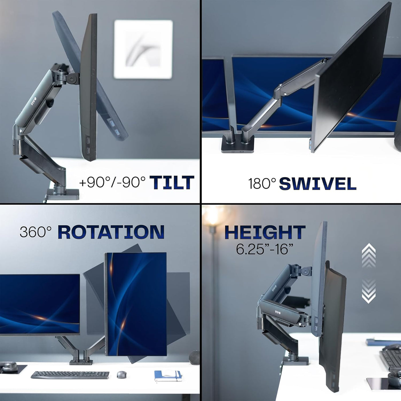 Dual Monitor Desk Mount 32 Inch Pneumatic Adjustable VESA Arms VIVO Classic Stand