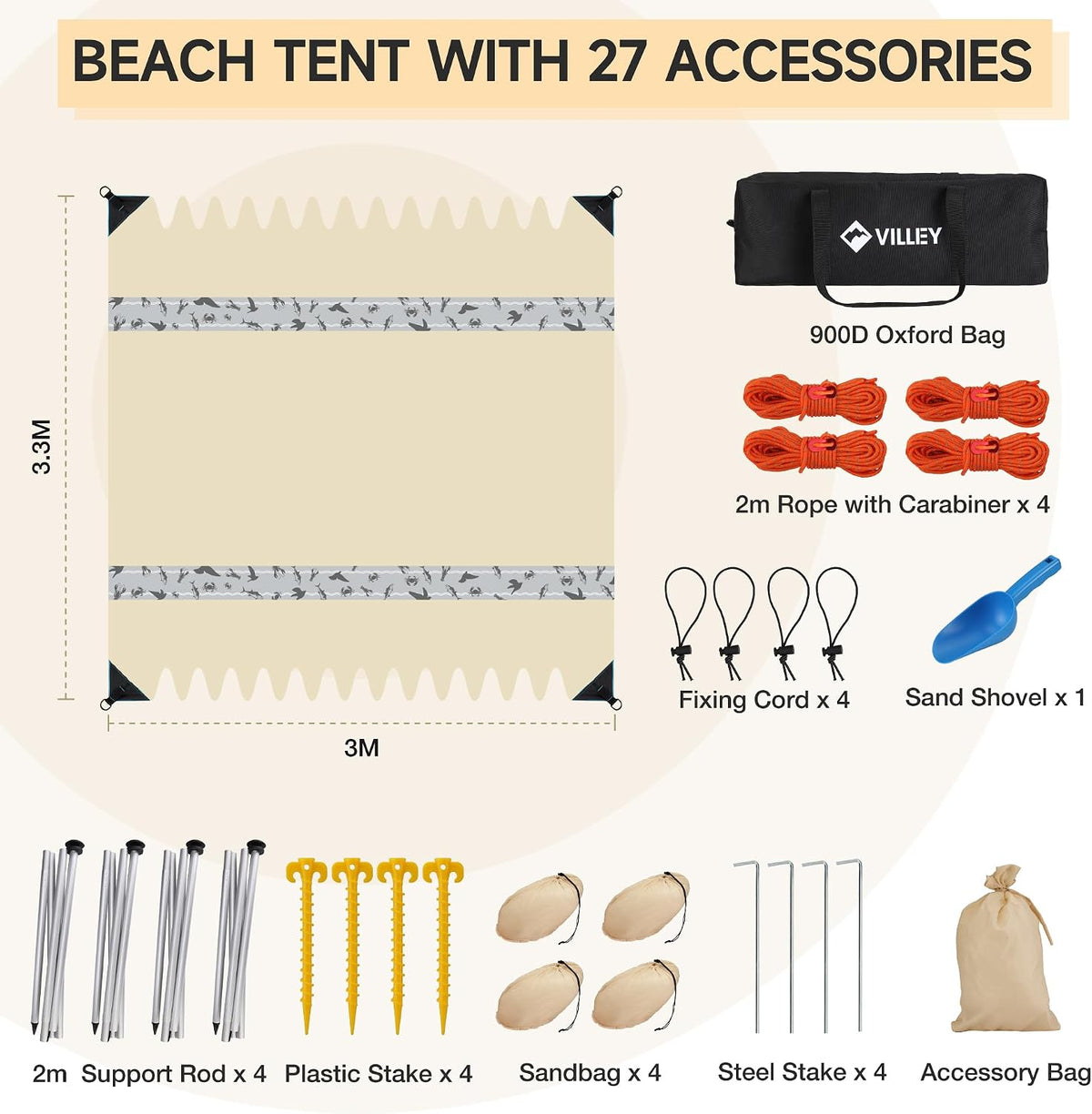 Beach Tent 3x3.3m UPF50+ UV Sun Shade Large Outdoor Shelter VILLEY Camping Canopy