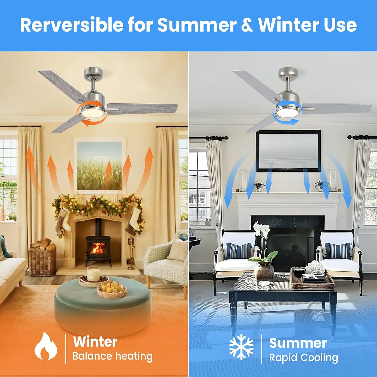 Ceiling Fan with Light 42 Inch Silver Wood Remote Dimmable DC Motor Newday