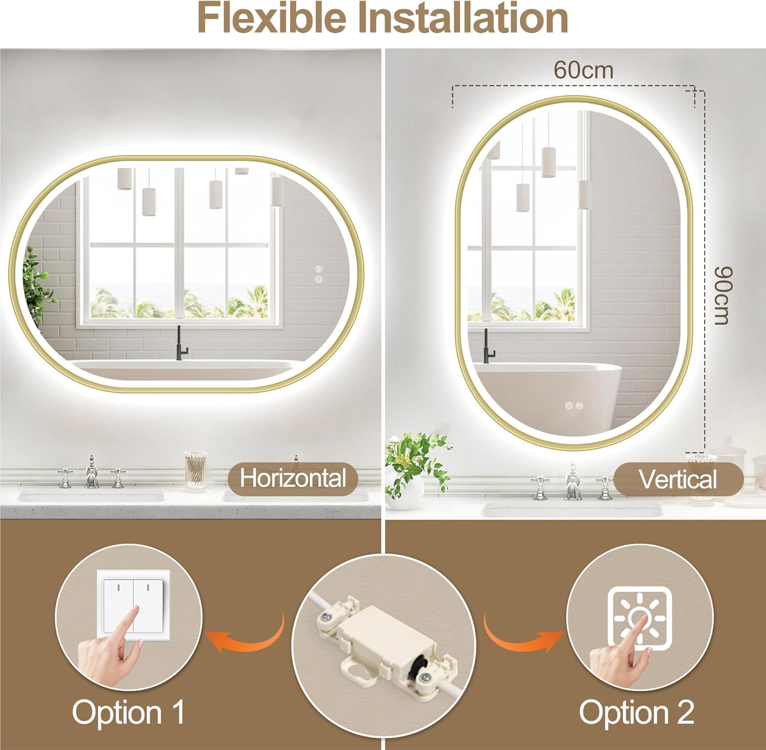 Oval LED Bathroom Mirror 60x90 Gold Frame Anti Fog Dimmable S'bagno