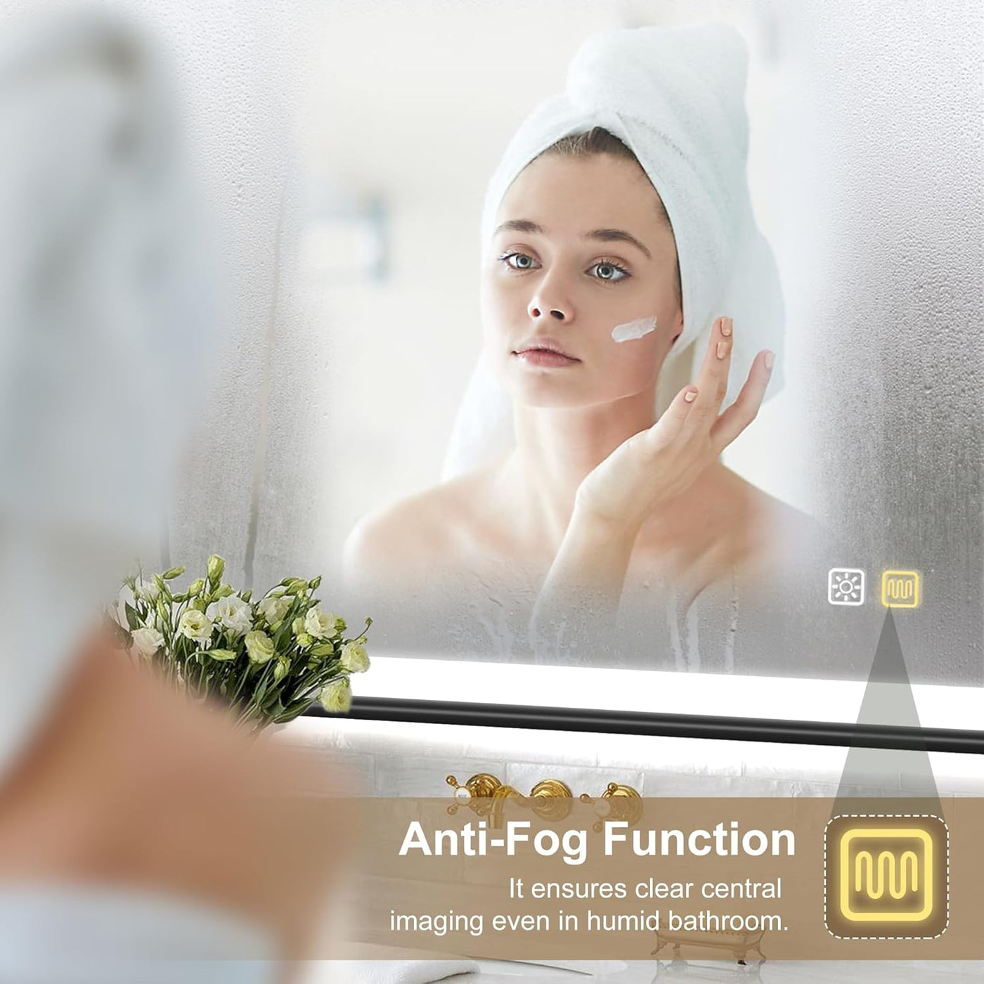 Woman applying cream with a towel on her head, anti-fog function displayed.