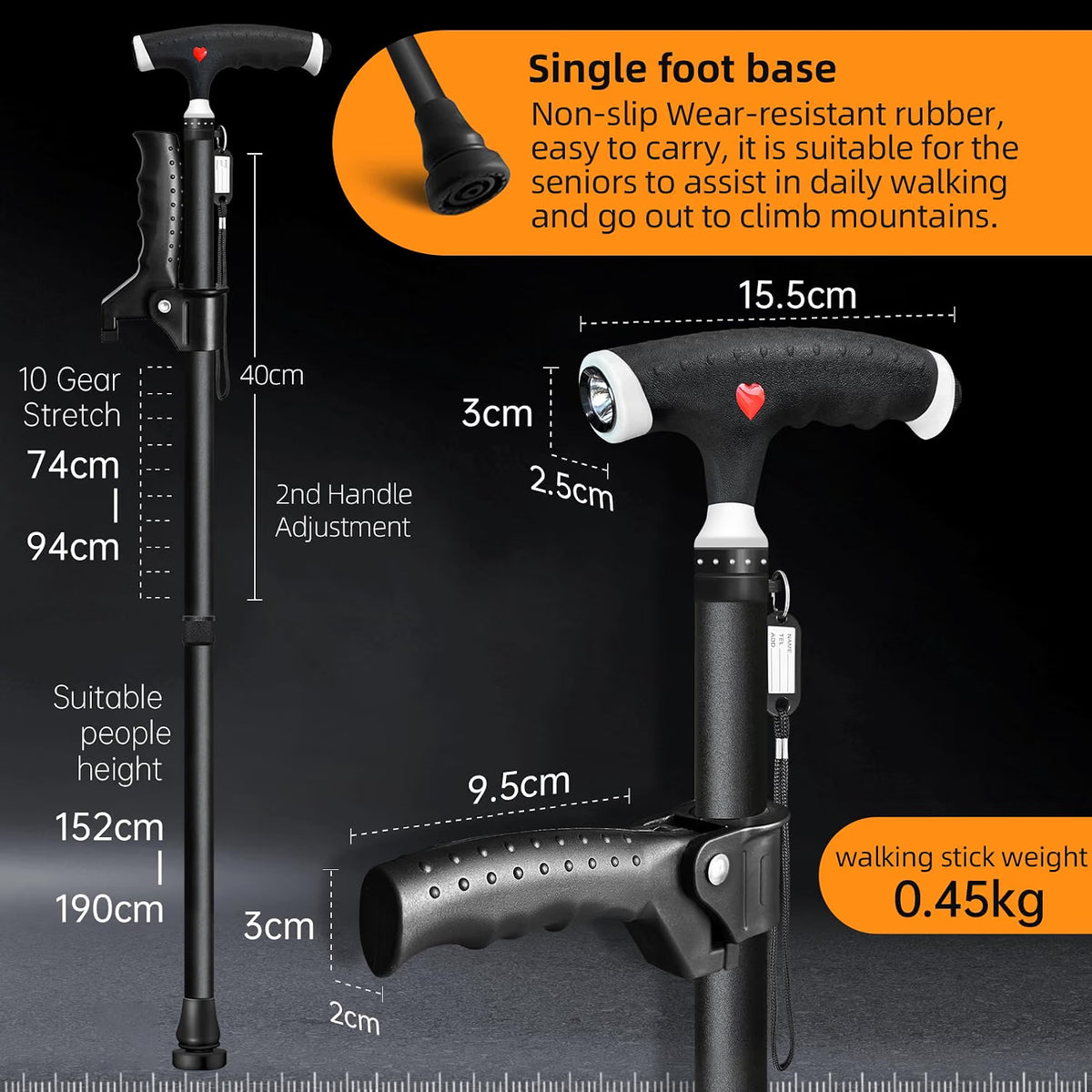 Adjustable Walking Stick Light 2nd Handle Extra Support Seniors Men Women Cane