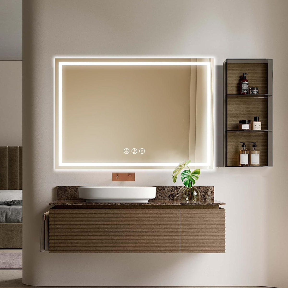 LED Bathroom Mirror 100x70cm Bluetooth Anti Fog Dimmable Frontlit Ratsamee