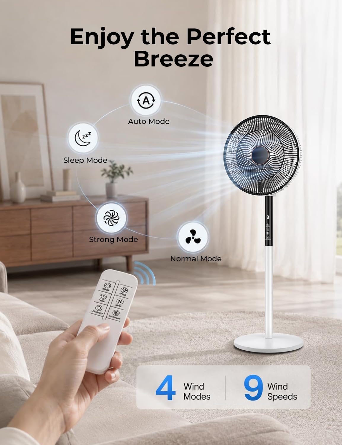 Pedestal Fan 16 Inch 9 Speed Remote 90° Oscillation Timer Adjustable Height Home