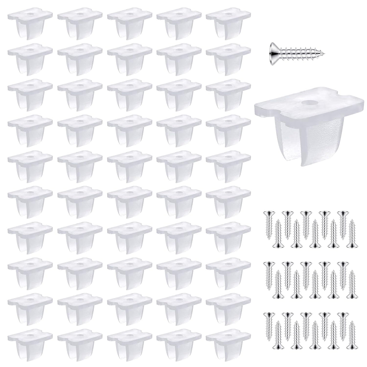 Clear plastic wall hooks with screws on a white background