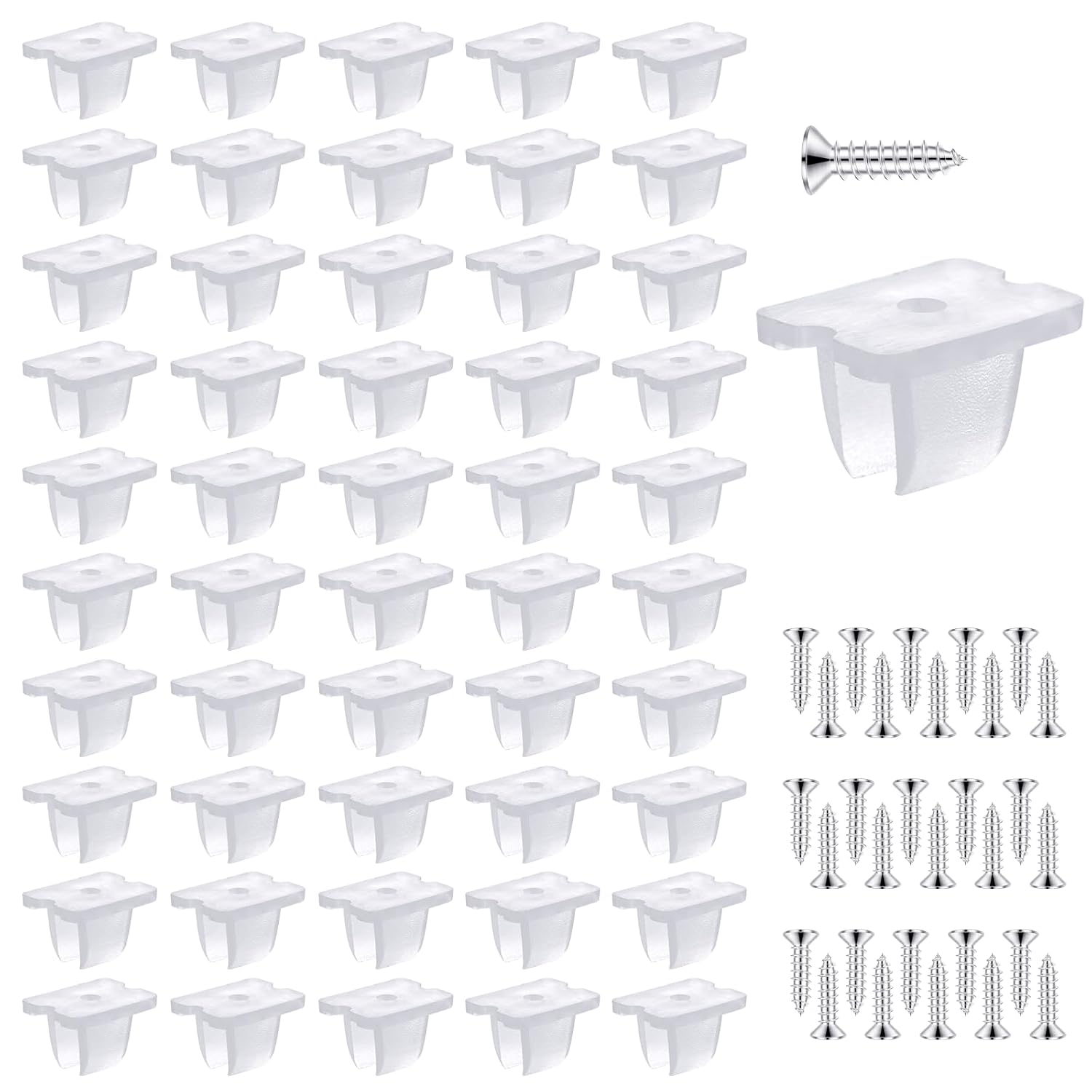 Clear plastic wall hooks with screws on a white background