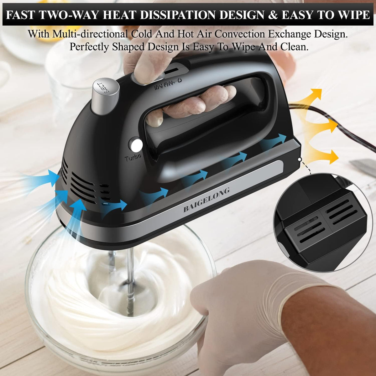 Electric Hand Mixer 300W 5 Speed Turbo Stainless Steel Attachments BAIGELONG Black