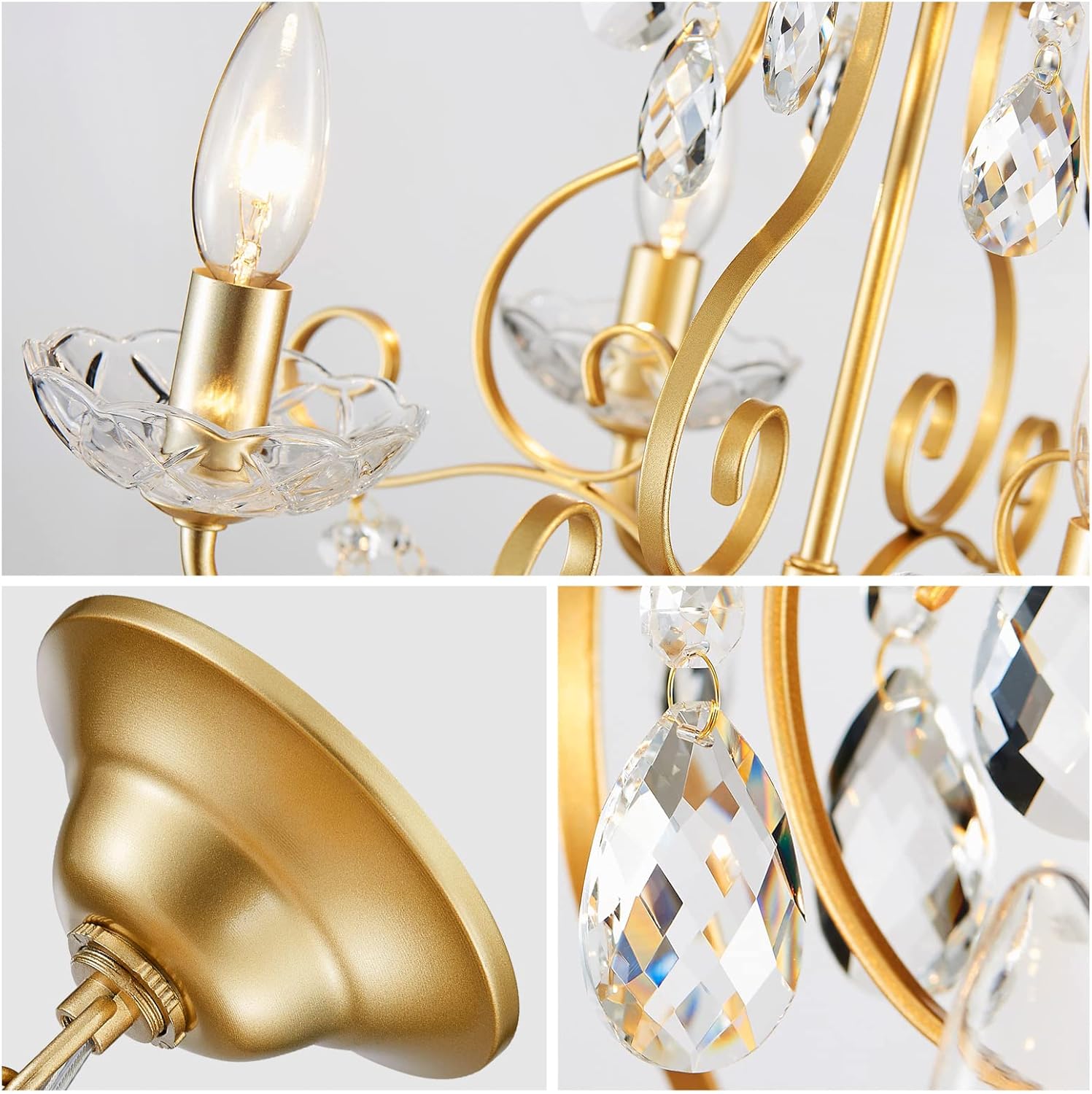 WUZUPS Gold Crystal Candle Chandelier Flush Mount Ceiling Light E14, H36 x W41cm