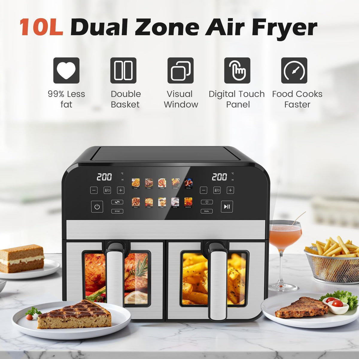 Dual Zone Air Fryer 10L 8 in 1 Double Drawer Viewing Window Family Size Cooker