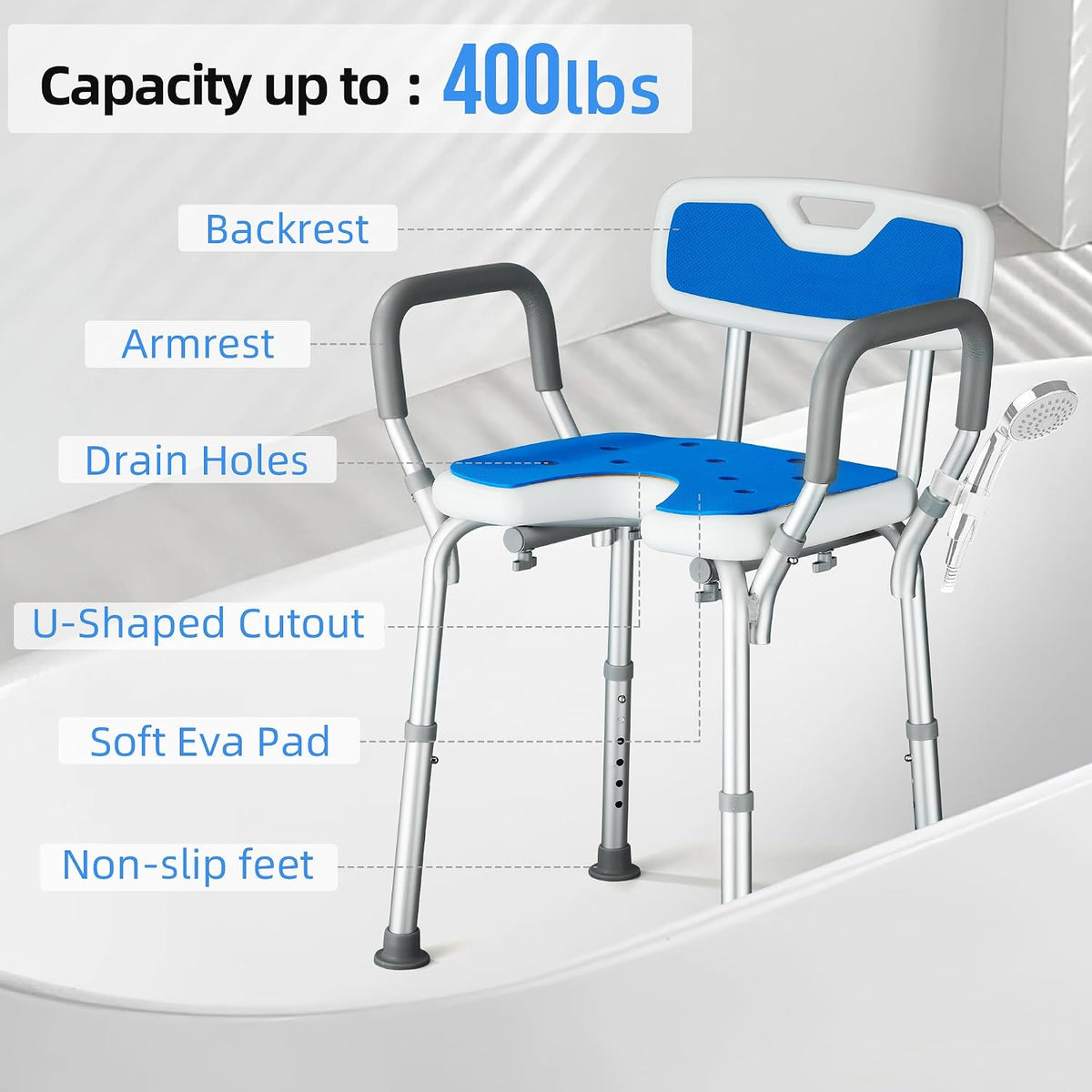 Shower Chair U Shaped Adjustable Height Back Arms Anti Slip Padded Bath Seat