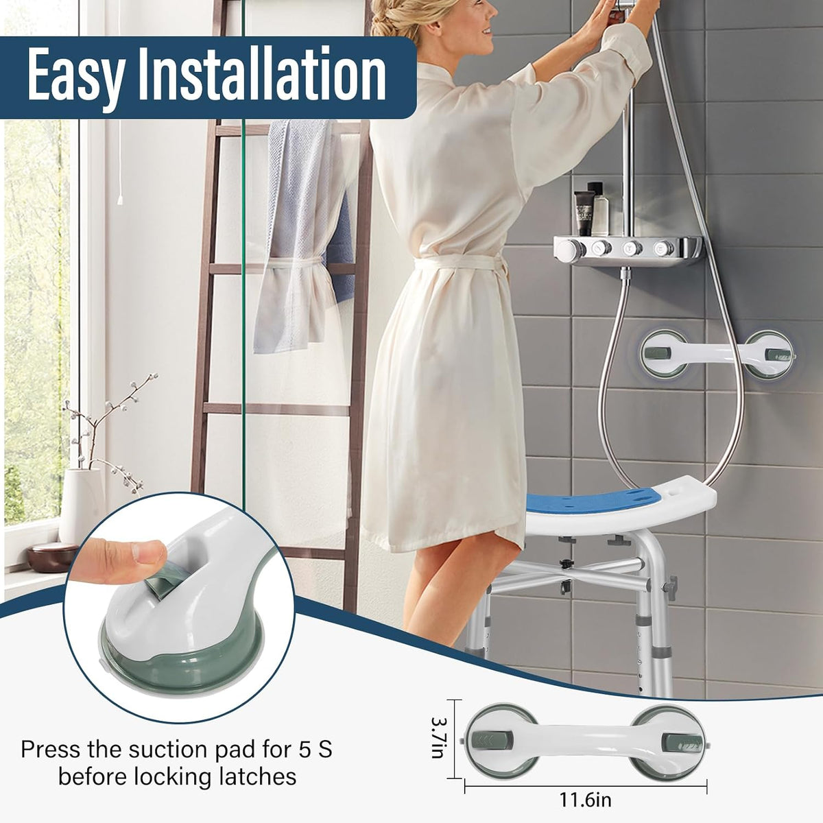 Shower Chair Adjustable Height Bath Stool Suction Grab Rail Bathroom Safety Seat