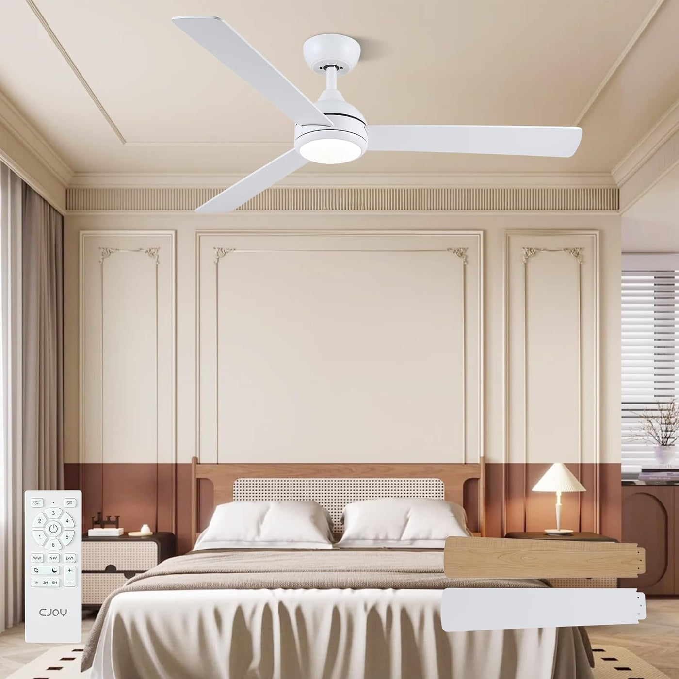 52 Inch Ceiling Fan With Lights Remote Fan 6 Speeds DC Reversible White CJOY