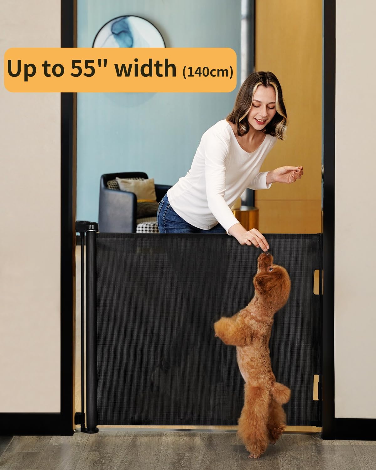 Retractable Baby Dog Gate 86x140cm Mesh Safety Gate Stairs Doorways Black Pet Gate