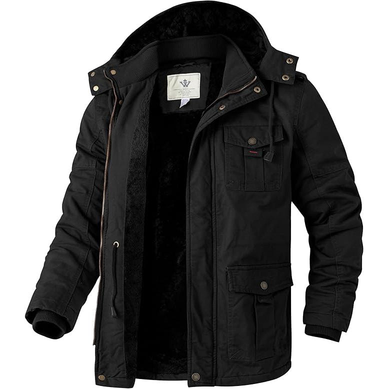 Black jacket with a hood on a white background