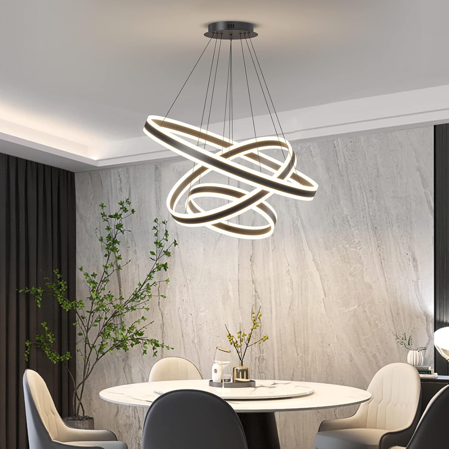 Customize your space with the Mikeru 3-ring LED pendant light—dimmable, adjustable height, and remote-controlled for ultimate convenience.