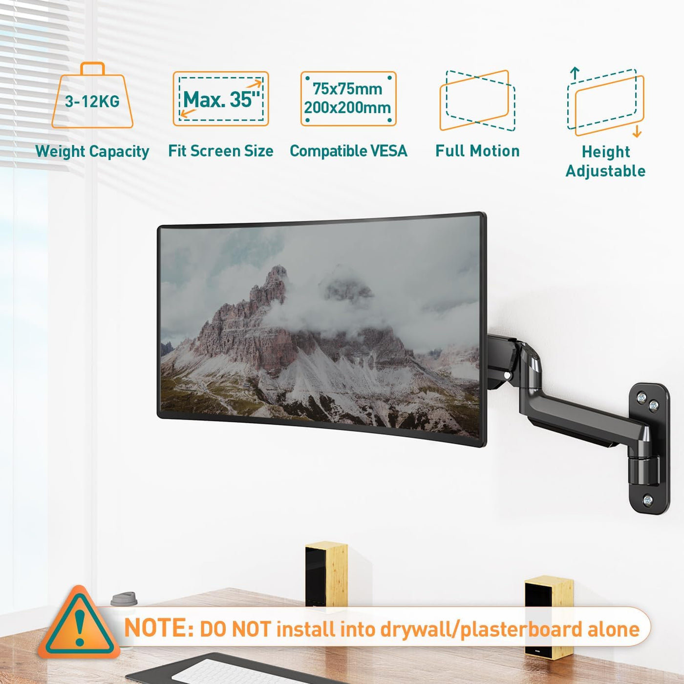 Monitor Arm Wall Mount 35 Inch Gas Spring Heavy Duty VESA 75 100 200 ELIVED
